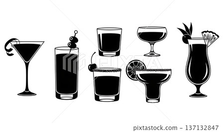 Black Solid Garnished Cocktail Set of Six on White Background Black Solid Garnished Cocktail Set of Six on White Background 137132847