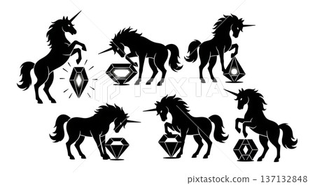 Black Solid Gem Guardian Unicorn Silhouettes Set of Six on White Background Black Solid Gem Guardian Unicorn Silhouettes Set of Six on White Background 137132848