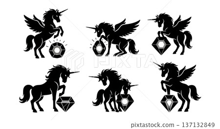 Black Solid Gem Guardian Unicorn Silhouettes Set of Six on White Background Black Solid Gem Guardian Unicorn Silhouettes Set of Six on White Background 137132849