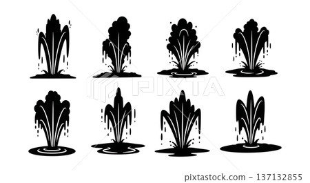 Black Solid Geyser Eruption Silhouettes Set of Six on White Background Black Solid Geyser Eruption Silhouettes Set of Six on White Background 137132855