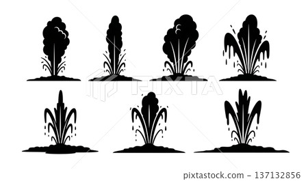 Black Solid Geyser Eruption Silhouettes Set of Six on White Background Black Solid Geyser Eruption Silhouettes Set of Six on White Background 137132856