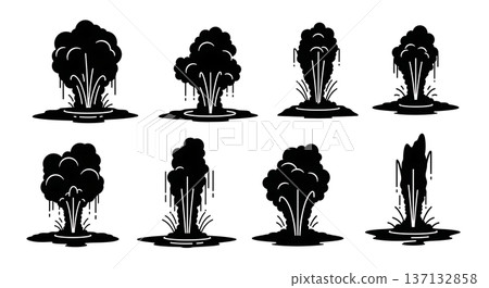 Black Solid Geyser Eruption Silhouettes Set of Six on White Background Black Solid Geyser Eruption Silhouettes Set of Six on White Background 137132858