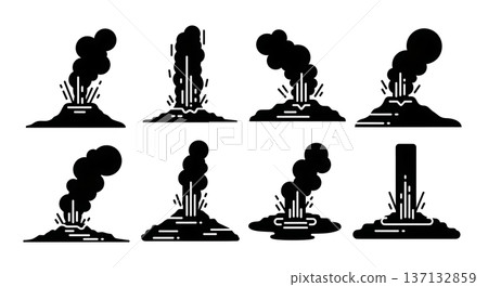Black Solid Erupting Geyser Silhouettes Set of Six on White Background 137132859