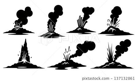 Black Solid Erupting Geyser Silhouettes Set of Six on White Background 137132861