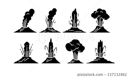 Black Solid Erupting Geyser Silhouettes Set of Six on White Background 137132862
