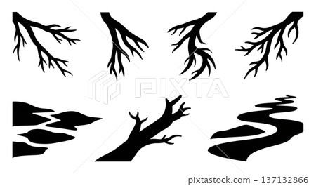 Black Solid Glacial Meltwater Stream Silhouettes Set of Six on White Background Black Solid Glacial Meltwater Stream Silhouettes Set of Six on White Background 137132866