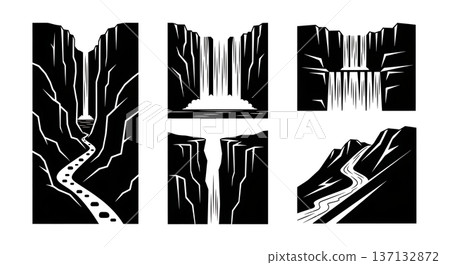 Black Solid Gorge Ravine Waterfall Silhouettes Set of Six on White Background 137132872