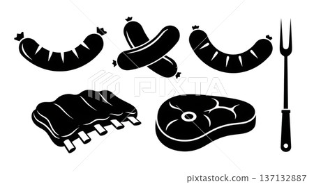 Black Solid Grilling Meat Silhouettes Set of Six on White Background 137132887