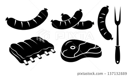 Black Solid Grilling Meat Silhouettes Set of Six on White Background Black Solid Grilling Meat Silhouettes Set of Six on White Background 137132889