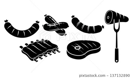 Black Solid Grilling Meat Silhouettes Set of Six on White Background Black Solid Grilling Meat Silhouettes Set of Six on White Background 137132890