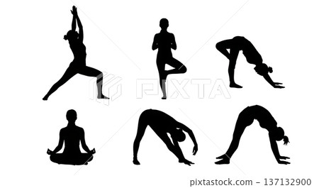 Black Solid Health Vitality Hatha Yoga Silhouettes Set of Six on White Background 137132900
