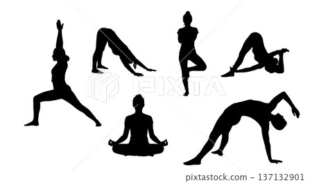 Black Solid Health Vitality Hatha Yoga Silhouettes Set of Six on White Background Black Solid Health Vitality Hatha Yoga Silhouettes Set of Six on White Background 137132901