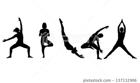 Black Solid Health Vitality Morning Silhouettes Set of Six on White Background 137132906