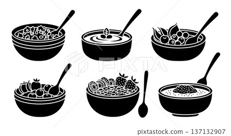 Black Solid Healthy Breakfast Silhouettes Set of Six on White Background Black Solid Healthy Breakfast Silhouettes Set of Six on White Background 137132907