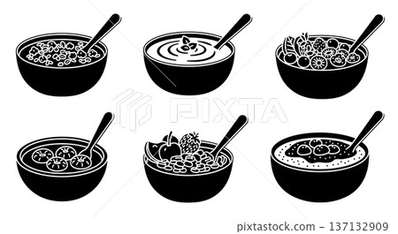 Black Solid Healthy Breakfast Silhouettes Set of Six on White Background Black Solid Healthy Breakfast Silhouettes Set of Six on White Background 137132909