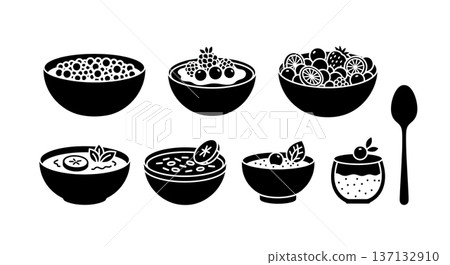 Black Solid Healthy Breakfast Silhouettes Set of Six on White Background Black Solid Healthy Breakfast Silhouettes Set of Six on White Background 137132910