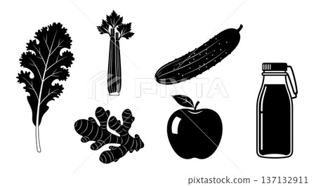 Black Solid Juice and Smoothie Silhouettes Set of Six on White Background 137132911