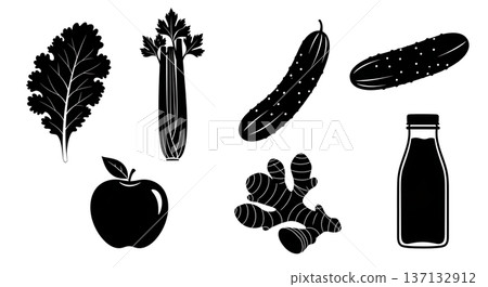 Black Solid Juice and Smoothie Silhouettes Set of Six on White Background 137132912