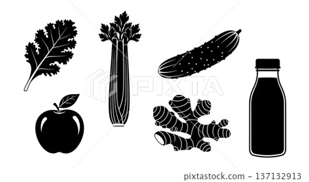 Black Solid Juice and Smoothie Silhouettes Set of Six on White Background 137132913