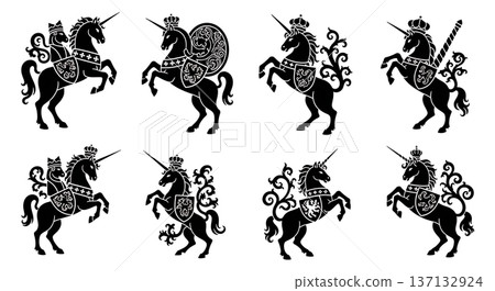 Black Solid Heraldic Unicorn Silhouettes Set of Six on White Background Black Solid Heraldic Unicorn Silhouettes Set of Six on White Background 137132924