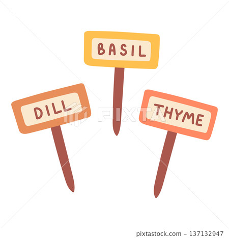 Flat vector set of herb garden labels with handwritten style text. Ideal for kitchen gardening, packaging, organic food branding, farm visuals and DIY garden projects 137132947