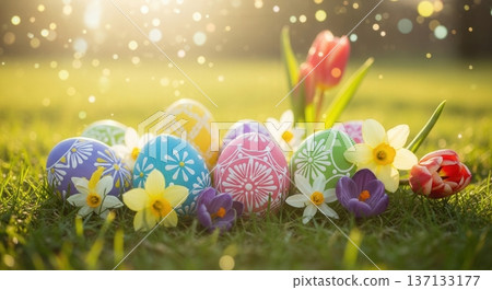 春花和裝飾精美的復活節彩蛋 137133177