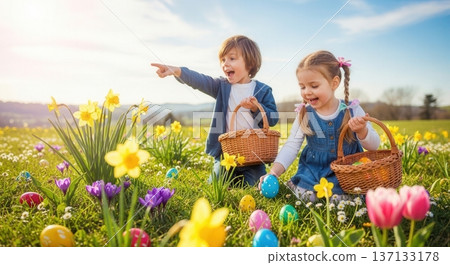 Spring flowers and decorated ornate Easter eggs 137133178