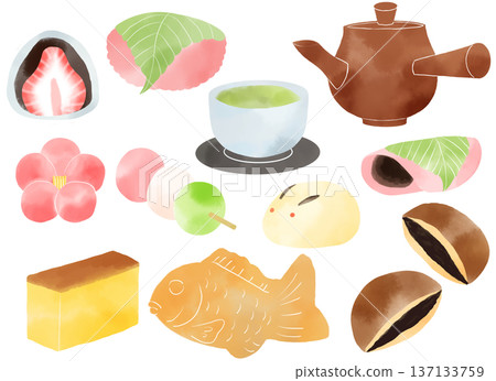 Watercolor Japanese sweets set: Dorayaki, Bunny Manju, Teapot, Teacup, Taiyaki, Castella, Sakuramochi, Nerikiri, etc. 137133759