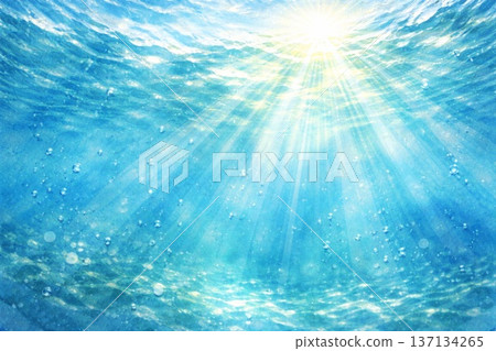 Background material: Underwater, undersea, looking up, sun rays, watercolor painting 137134265