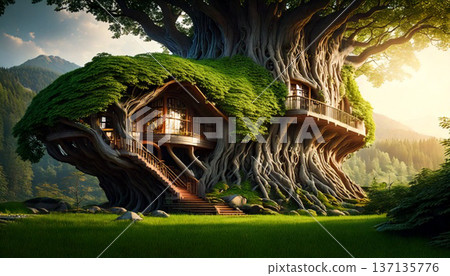 Fantasy Tree House with Magical Sunlight in Forest 137135776