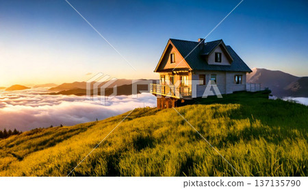 Small House on Hill at Sunrise Minimal Landscape 137135790