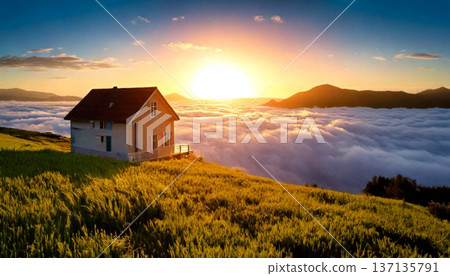 Small House on Hill at Sunrise Minimal Landscape Small House on Hill at Sunrise Minimal Landscape 137135791
