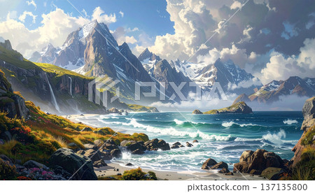 Majestic Mountain Range with River and Dramatic Sky Majestic Mountain Range with River and Dramatic Sky 137135800