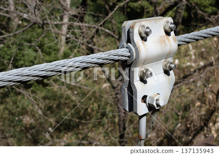 Powerful close-up of suspension bridge cables and metal fittings 02 137135943