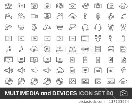 Multimedia and Device Line Icon Set of 80 Multimedia and Device Line Icon Set of 80 137135954