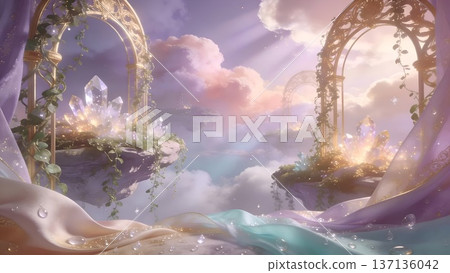 A floating island in the sky with golden arches and sparkling crystals. A dreamy, heavenly fantasy background. 137136042