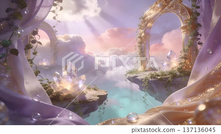 天空中漂浮著一座島嶼，上面有金色的拱門和閃閃發光的水晶。夢幻般的天堂般背景。 137136045