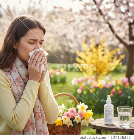 A middle-aged woman suffering from allergies. 137136232