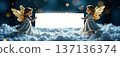 Christmas angels holding blank banner on snowy clouds 137136374