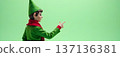Christmas elf pointing at green copy space 137136381