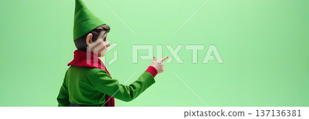 Christmas elf pointing at green copy space 137136381