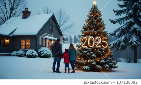 On a snowy yard, a grand Christmas tree sparkles with garlands wrapped into 2025. The family gathers with gifts, posing under a clear blue sky 137136382