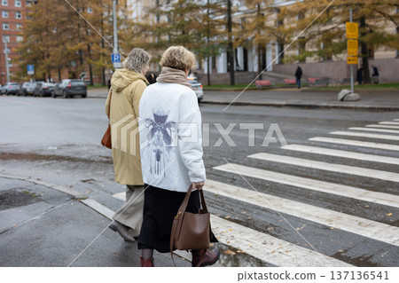 Interaction. Mature women walking side by side on city sidewalk during autumn discussing daily topics with expressive gestures near residential architecture. 137136541