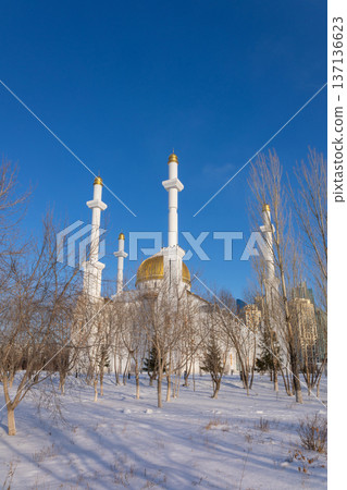 Panoramic view of snow-white with golden dome modern Nur-Astana Mosque, Astana, Kazakhstan. High quality photo Panoramic view of snow-white with golden dome modern Nur-Astana Mosque, Astana, Kazakhstan. High quality photo 137136623