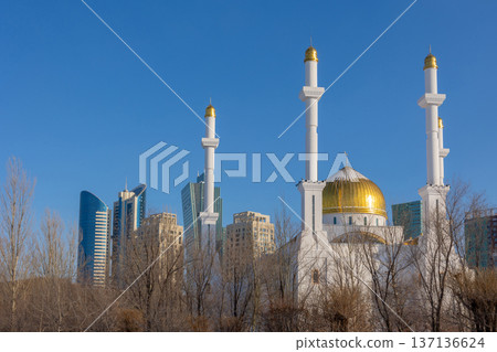 Panoramic view of snow-white with golden dome modern Nur-Astana Mosque, Astana, Kazakhstan. High quality photo 137136624