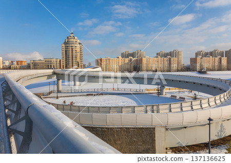 Modern residential buildings on sunny winter day, Nur-Sultan, Astana, Kazakhstan. High quality photo 137136625
