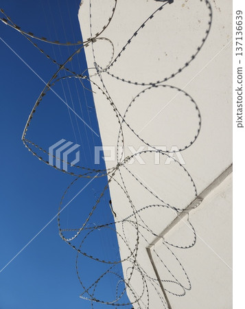 Barbed wire on white wall and blue sky with shadows from bright sun. High quality photo Barbed wire on white wall and blue sky with shadows from bright sun. High quality photo 137136639