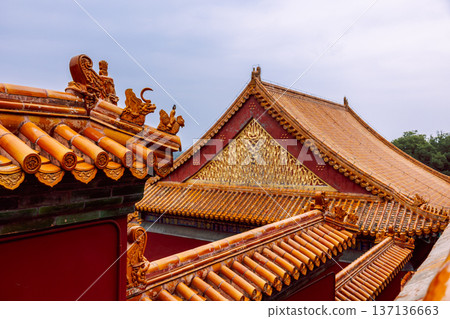 Decorative ceramic roof details Summer Palace, traditional forms, rhythmic patterns, and historic craftsmanship within palace complex environment, Beijing, China Decorative ceramic roof details Summer Palace, traditional forms, rhythmic patterns, and historic craftsmanship within palace complex environment, Beijing, China 137136663