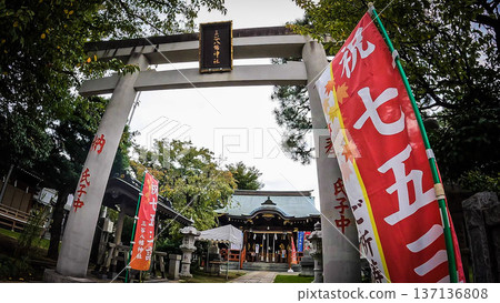 Torii gate and Shichi-Go-San flag at Mitani Hachiman Shrine in Tokyo 137136808