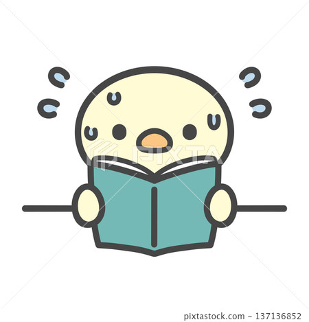 A hand-drawn illustration of a chick opening a book during class and getting impatient, struggling with a problem he doesn't understand 137136852